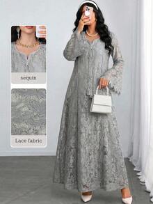 Yasmyna Vestido con cuello cuadrado, encaje, flecos y mangas 3/4 acampanadas para mujeres - Gris - Ver 2