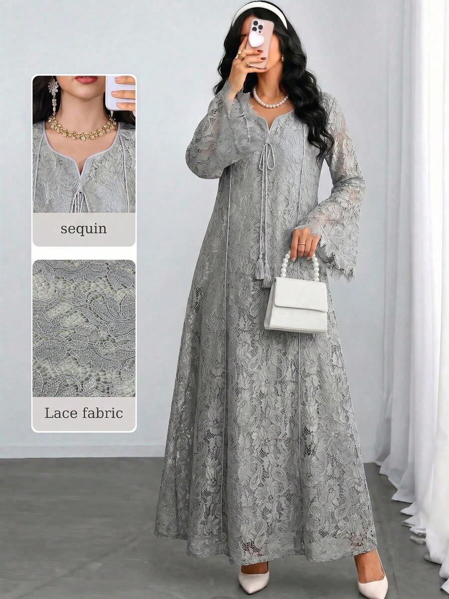 Yasmyna Vestido con cuello cuadrado, encaje, flecos y mangas 3/4 acampanadas para mujeres