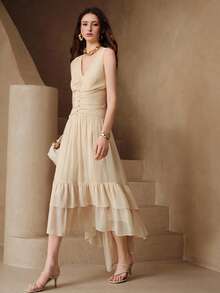 Arave Women's Woven Summer Sleeveless Deep V-Neck Waist-Defining Slimming Decorative Button Hem Multi-Layer Ruffle Fishtail Skirt Casual Design Mori Style Fresh Vacation Long Dress Summer Clothes - Apricot - View 5