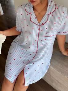 Dream Adore Plus Size Women Striped Heart Print Casual Nightgown For Daily Wear - Blue - View 4