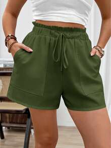 EMERY ROSE Plus Size Army Green Solid Paperbag Ruffle Drawstring Elastic High Waist Patch Pocket Loose Wide Leg Summer Casual Shorts For Women Vacation - Multicolor - View 1