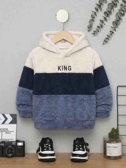 PrepCrw Áo nỉ hoodie bé trai phong cách thường ngày, thêu họa tiết, phối vải bông patchwork, phối màu tương phản