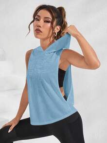 SHEIN Sports Women's Fashion Versatile Letter Print Double Side Cutout Hooded Sweatshirt - Blue - View 6
