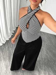 SHEIN Clasi Plus Size Women's Brown Striped Patchwork Jumpsuit, Summer Elegant Halter Criss-Cross Wide Leg Jumpsuit, Office Lady Playsuit - Black - View 7