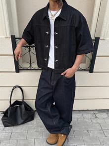 SWAVVY 男士休閒時尚日常通勤飛機扣前短版牛仔襯衫，夏季度假款 - 黑色 - 查看 9