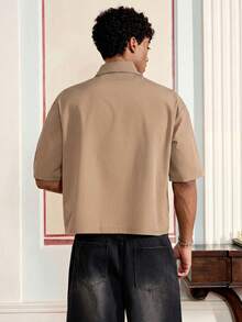 SWAVVY Men's Letter Print Short Sleeve Single-Breasted Cargo Pocket Shirt,Holiday,Summer - Khaki - View 5