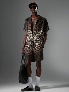 Salvezio 2pcs Set Men's Ombre Leopard Print Casual Oversize Full Print Short Sleeve Shirt & Matching Shorts - Multicolor - View 4