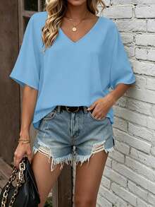 EMERY ROSE Women's Solid Color V-Neck Batwing Sleeve Summer Casual Shirt, Vacation Style Plus Size Top - Blue - View 5