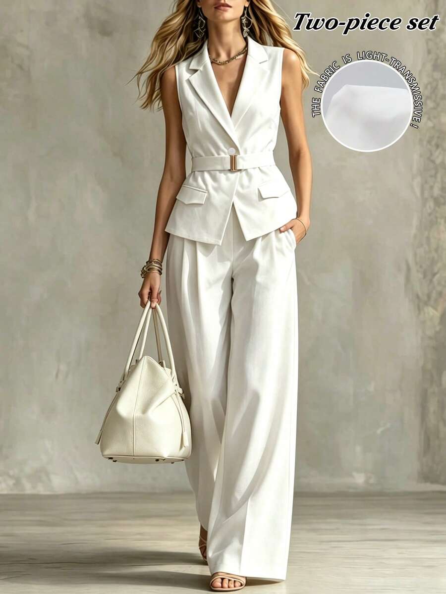 Balvessa 1 Set Damen Blazer Kragen Metallschnalle Weste + Hoher Taille Elastische Taille Weite Bein Hose, 2-teiliges Outfit - Weiss - Übersicht 1