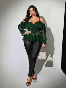 Viva Relle Cubierta de otoño para mujer talla grande de unicolor con hombros descubiertos y bajo con volantes - Verde Oscuro - Ver 4