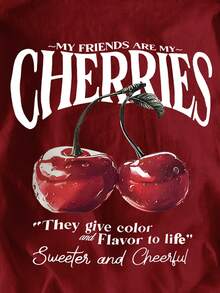EMERY ROSE Women's Round Neck Short Sleeve Cherry Pattern Letter Print T-Shirt - Burgundy - View 5