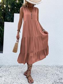 Breezaya Gaun Maxi Model Smock dengan Detail Kancing dan Hem Berlapis untuk Liburan di Pantai, Cocok untuk Wanita - Redwood - View 7