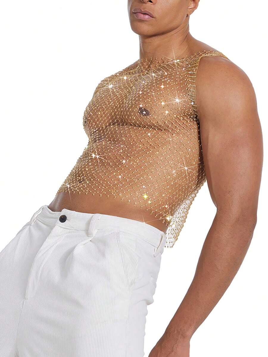 DSELFIQUE Men's Sexy Regular Fit Silver Fishnet Tank Top - Gold - View 1