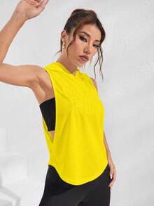 SHEIN Sports Sudadera con capucha casual para mujer con estampado de letras y bajo dividido - Amarillo - Ver 3