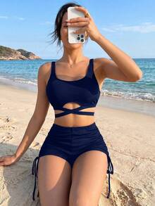 Swim Basics Women's Solid Color Cross Design Sexy Bikini Set For Summer Beach - Navy Blue - View 6