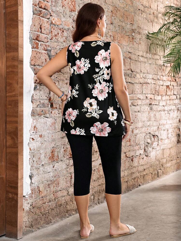 Plus Size Summer Casual Floral Print Tank Top And Leggings 2pcs Set