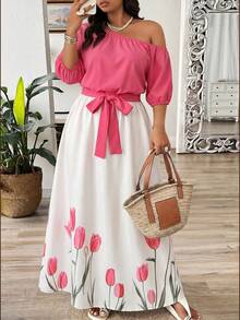Weeklong Vestido asimétrico de hombro con estampado floral de retazos para tallas grandes de verano - Multicolor - Ver 5
