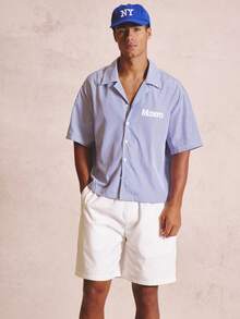 Musero Boxy Oversized Striped Shirt Large Backprint Dropped Shoulder Seam Reverse Collar Button Fastening - Blue and White - View 3