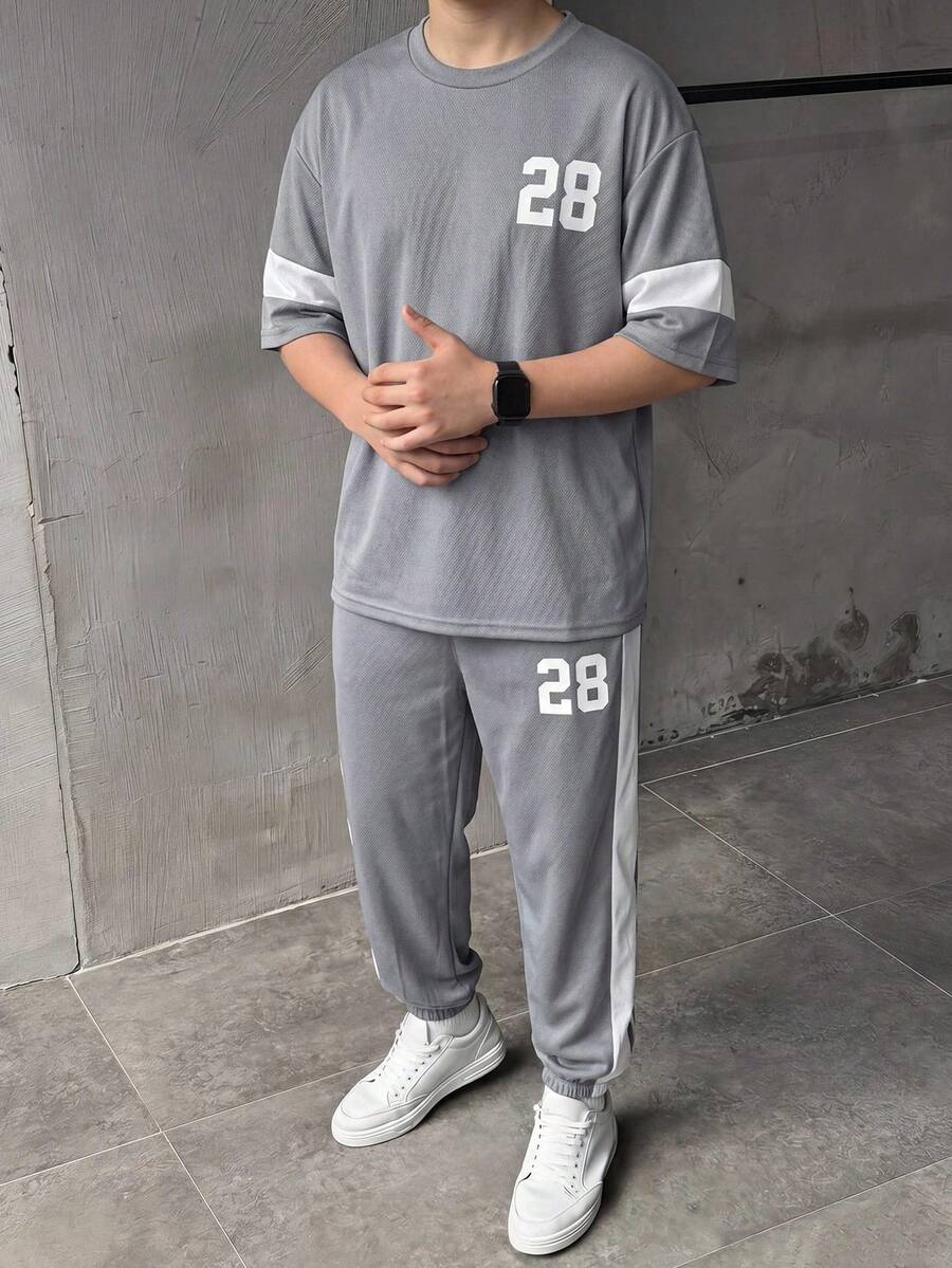 SHEIN 2pcs Baju Anak Laki-Laki Remaja Kasual Minimalis Cetak Digital Kerah Bulat Model Pullover Desain Blok Warna Cocok Untuk Musim Panas, Olahraga, Lari, Aktivitas Luar Ruangan