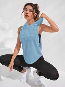 SHEIN Sports Women's Fashion Versatile Letter Print Double Side Cutout Hooded Sweatshirt - Blue - View 4
