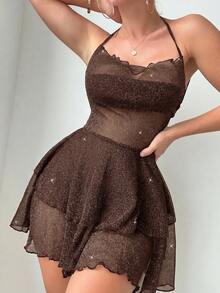 SHEIN Swim Women's Camisole Back Cross Strap Slim Fit Sheer Cover-Up - Brown - View 1