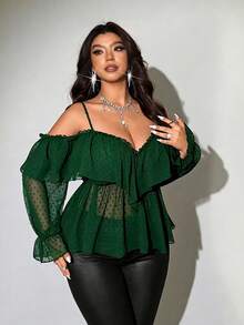 Viva Relle Cubierta de otoño para mujer talla grande de unicolor con hombros descubiertos y bajo con volantes - Verde Oscuro - Ver 1