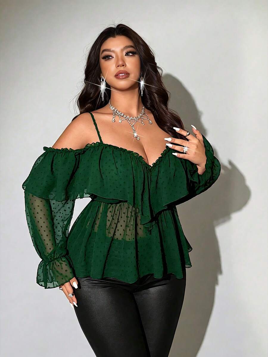 Viva Relle Cubierta de otoño para mujer talla grande de unicolor con hombros descubiertos y bajo con volantes - Verde Oscuro - Ver 1