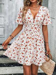 EMERY ROSE Gaun Wanita Elegan Motif Bunga, Potongan V-Neck, untuk Kencan dan Ulang Tahun, Cocok untuk Liburan dan Mempertegas Pinggang. - MultiWarna - View 5