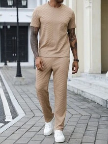 Manfinity Homme Men's Knit Textured Fabric Mature Casual Holiday Daily Gift For Husband Boyfriend Long Pants Short Sleeve T-Shirt Set - Khaki - View 2