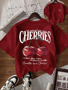 EMERY ROSE Women's Round Neck Short Sleeve Cherry Pattern Letter Print T-Shirt - Burgundy - View 1