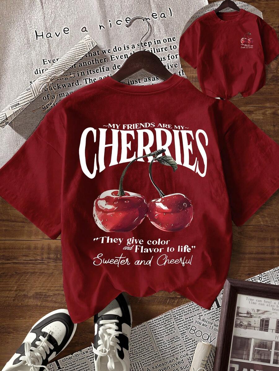 EMERY ROSE Women's Round Neck Short Sleeve Cherry Pattern Letter Print T-Shirt - Burgundy - View 1