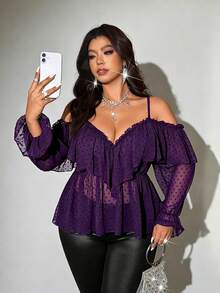 Viva Relle Plus Size French Sheer Lace Ruffle Sexy Cold Shoulder Blouse Fall - Purple - View 5