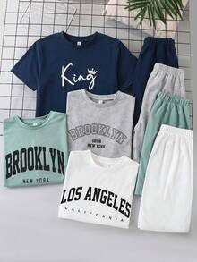SHEIN 8件組青少年男童休閒寬鬆字母印花圓領T恤與短褲套裝，多件式穿搭，適合通勤、上學、日常休閒外出、運動，春夏季適用 - 彩色 - 查看 2