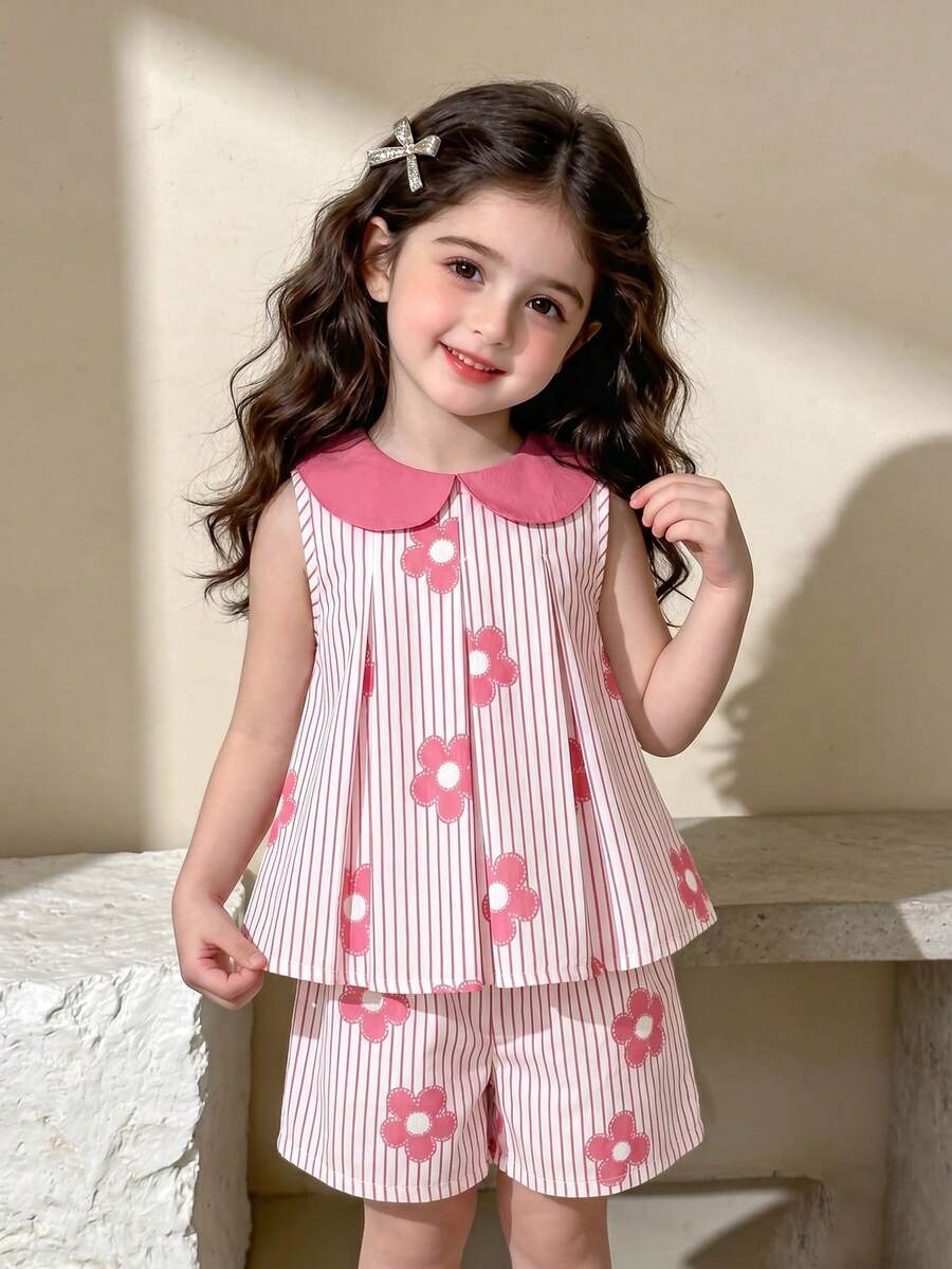 SHEIN Elladie kids Ensemble pour filles avec col rose, Top plissé à imprimé floral mignon à rayures roses et blanches avec nœud 3D et short plissé à jambes larges à la mode, convient pour le trajet quotidien décontracté, tenue mode simple et mignonne
