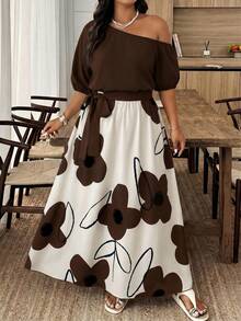 Weeklong Plus Size Women's Vacation Floral Print Asymmetrical Shoulder Short Sleeve Elegant Dress - Multicolor - View 4