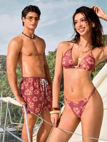 Manfinity VDAYZ Pantalones cortos de playa con estampado floral y cintura con cordón para hombre, vacaciones - Café integral - Ver 4