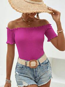 SHEIN VCAY 女款紋理度假風荷葉邊露肩性感時尚T恤 - 中紫紅色 - 查看 3
