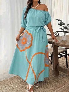 Weeklong Gaun Pesta Musim Panas Kasual Wanita Ukuran Plus dengan Motif Bunga, Bahu Asimetris, dan Detail Kerut - MultiWarna - View 5