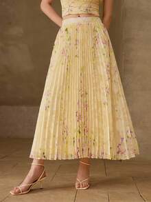 MOTF PREMIUM WOMEN'S ELEGANT FASHION JACQUARD PRINT PLEATED SKIRT - Yellow - View 4
