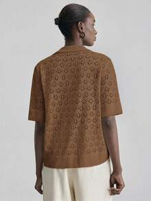 Ontre Elegant Versatile Lapel Hollow Knit Short Sleeve Top - Brown - View 5