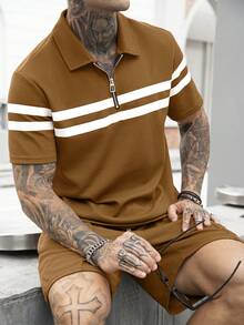 Manfinity Homme Men's Casual Brown Striped Textured Polo Shirt Set Men Brown Short Set Casual Two Pieces Set Men - Brown - View 7