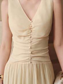 Arave Women's Woven Summer Sleeveless Deep V-Neck Waist-Defining Slimming Decorative Button Hem Multi-Layer Ruffle Fishtail Skirt Casual Design Mori Style Fresh Vacation Long Dress Summer Clothes - Apricot - View 6