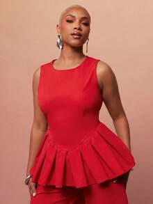 Vixey Top peplum de cuello redondo sin mangas de tejido sólido - Rojo - Ver 1