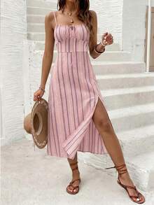 SHEIN Frenchy Đầm lửng phong cách tối giản thường ngày màu hồng, họa tiết sọc dọc hình học bất đối xứng, thích hợp cho kỳ nghỉ xuân/hè. - Nhiều màu - Xem 4