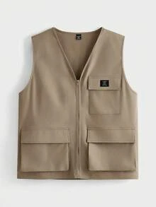 EASEVO Men Plus Size Autumn Casual Flap Pocket Zip-Up Loose Fit Vest, Vacation, Father's Day Gifts Going Out , Football - Camel - View 2