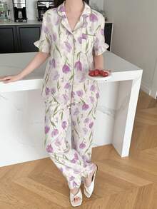 少女睡衣花卉印花泡泡纱翻领单排扣短袖上衣和裤子睡衣套装，春夏 - 彩色 - 查看 4