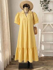 Rusticease Plus Size Summer Casual Plaid Petal Sleeve Dress - Light Yellow - View 8