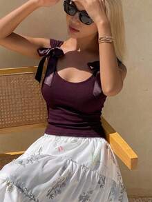 Joudiya Backless Bow-Tie Lace Up Short Sleeve Women's Slim Fit T-Shirt Going Out Tops Summer Halter Top - Burgundy - View 14