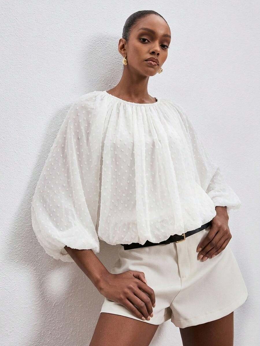 ATUI Studio Women's Solid Color Round Neck Lantern Sleeve Loose Top - White - View 1