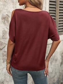 EMERY ROSE Camiseta de hombros descubiertos de unicolor versátil y casual de verano - Burdeos - Ver 2